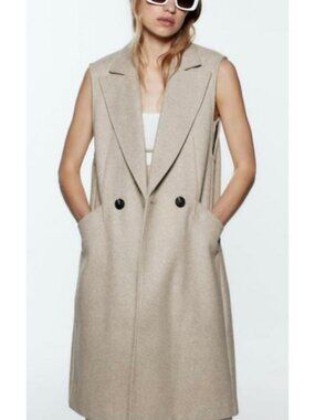 Zara Womens Tan Sleeveless Boyfriend Trench Vest Size L [jb]